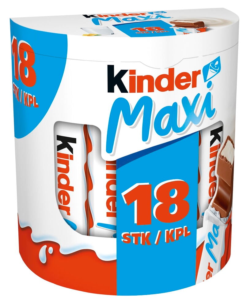 Hvit og blå Sjokolade Kinder Maxi-eske, 18x21 g, med vindu som viser biter og melkesprutdesign.
