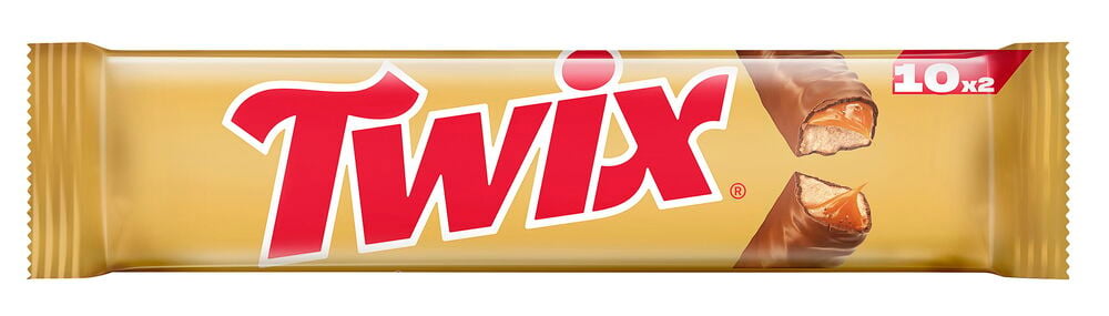 Gullfarget Sjokolade Twix 500g 10-pk, rød logo, viser to sjokoladebiter med karamell- og kjeksfyll.