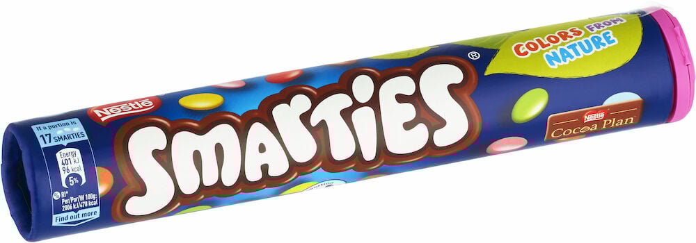Rörformad förpackning med färgglada Smarties chokladlinser.