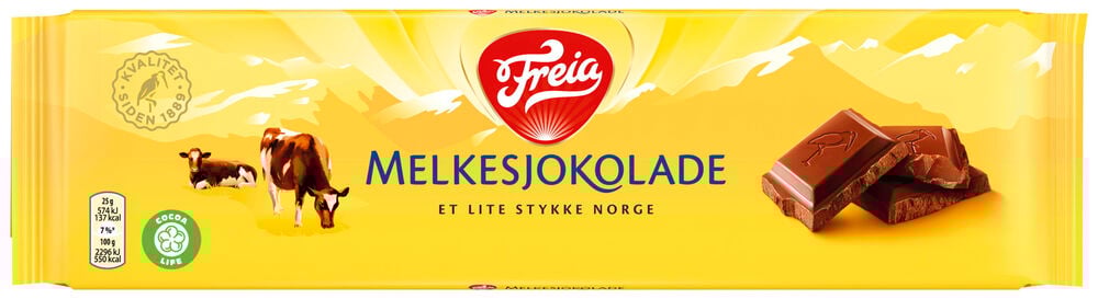 Gul pakke med Freia melkesjokolade og sjokoladebiter.