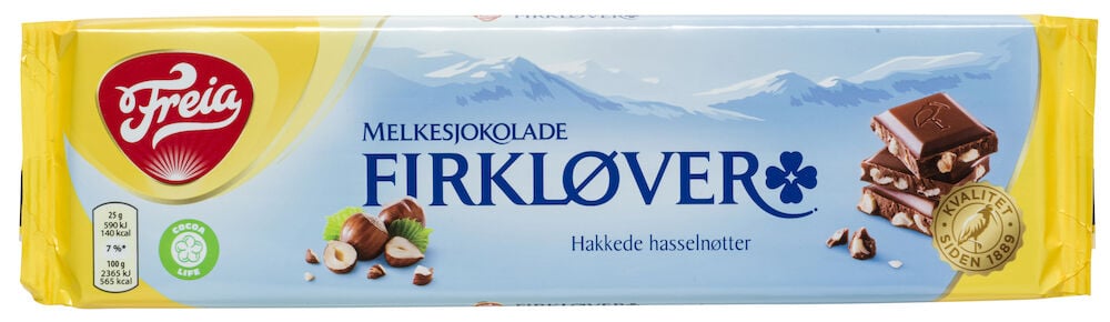 Freia melkesjokolade med hasselnøtter på blå forpakning.