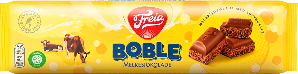 Sjokoladeplate Freia 150 g Boble Melkesjokolade, gul emballasje med boblende melkesjokoladebiter og to kuer.