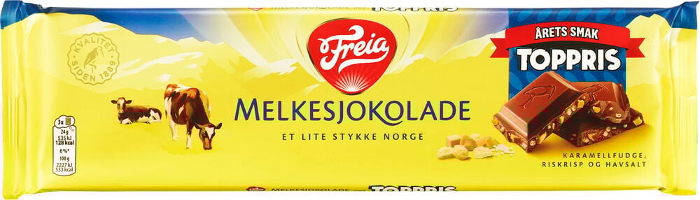 Freia 190 g Toppris Melkesjokolade sjokoladeplate i gul emballasje, med sjokoladebiter og fyll.