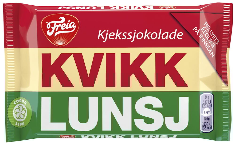 Emballasje Freia Kvikk Lunsj kjekssjokolade firkantet.