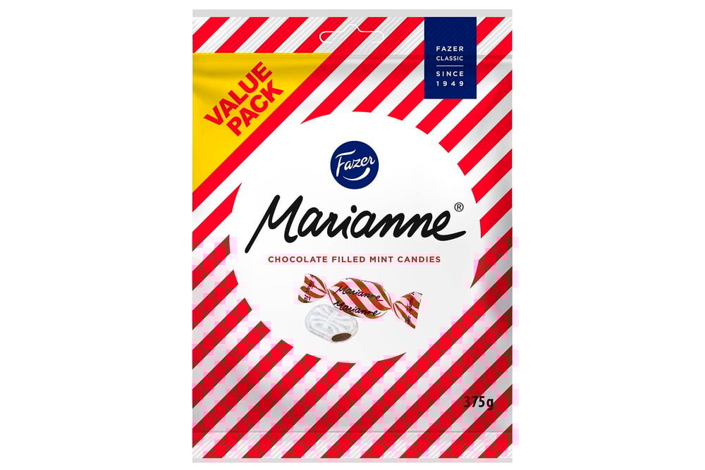 Eine weiß-rot gestreifte Schokolade Marianne 375g Original Value Packung mit Bonbon.