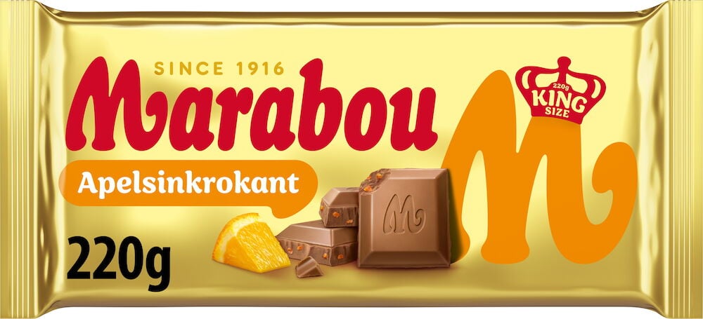 Chokladkaka Marabou apelsinkrokant i guldgul förpackning.