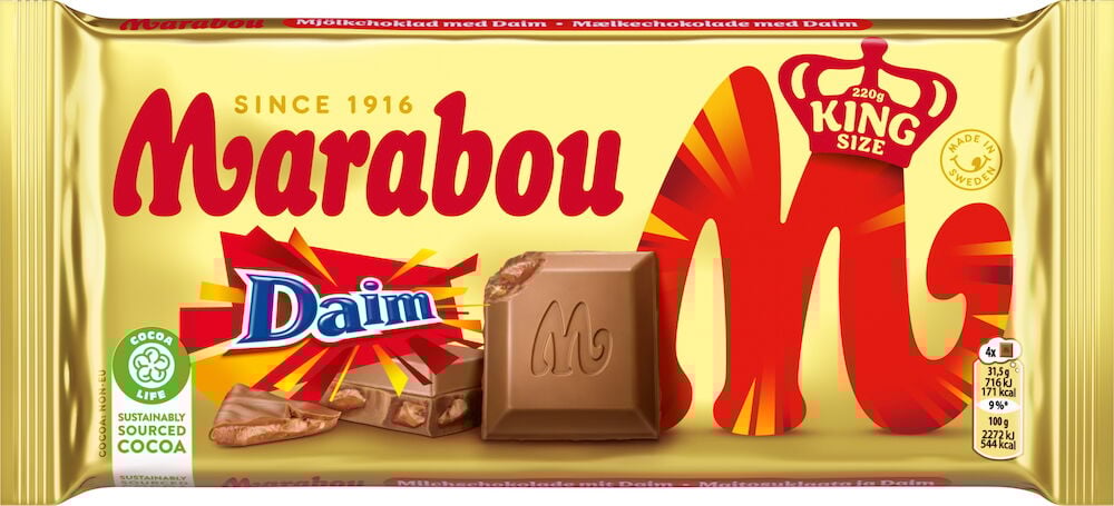 Stor chokladkaka Marabou Daim med gul förpackning.