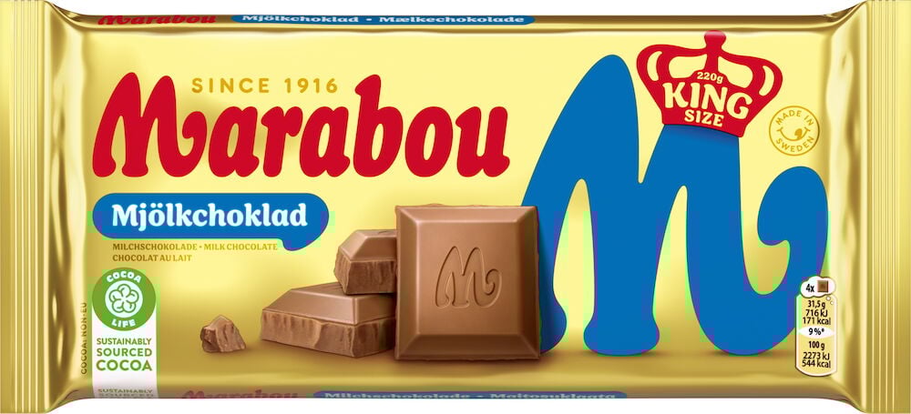 En stor chokladkaka Marabou mjölkchoklad med blå text.