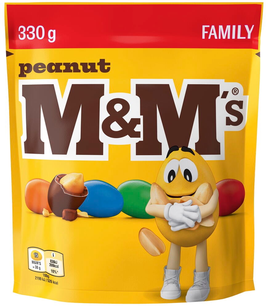 En gul stående påse Choklad M&M's 330 g Peanut med godis och en karaktär som håller jordnötter.