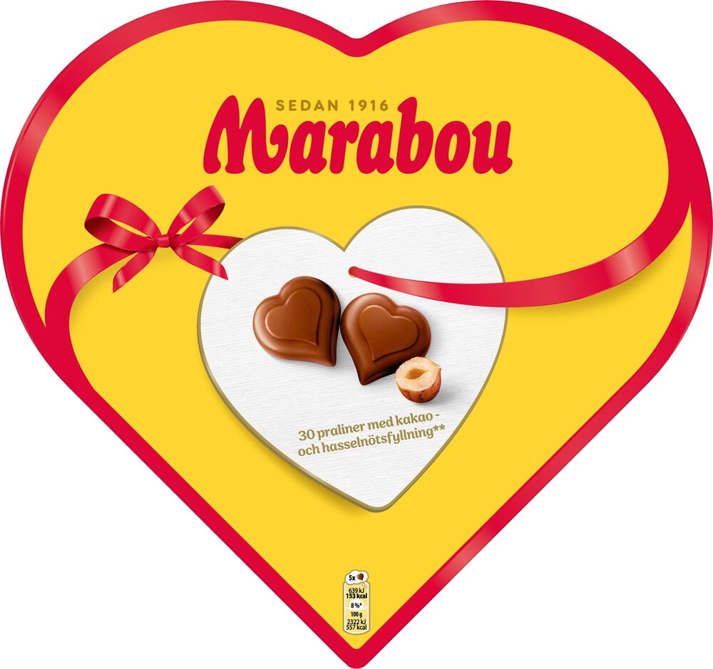 Gul hjärtformad ask Choklad Marabou Hearts 165g med rött band och två synliga praliner.