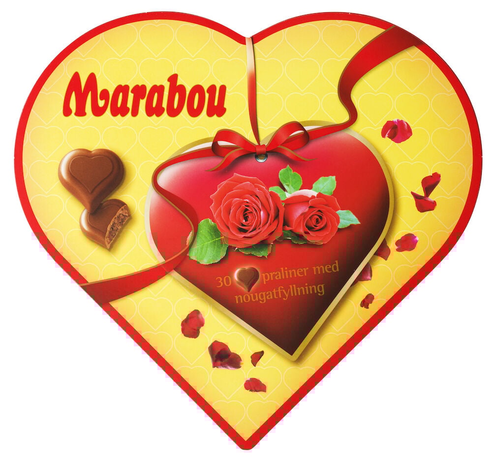 Hjärformad ask Marabou chokladpraliner med rosor.