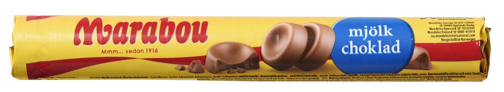 Gelbe Verpackung mit Marabou Milchschokoladenrolle.