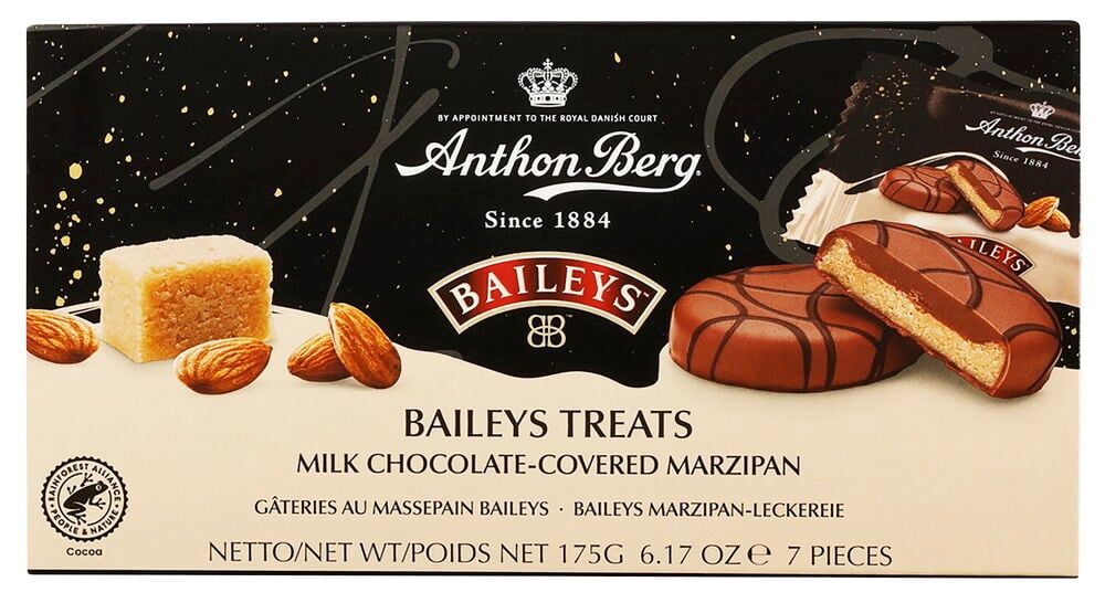 Ask med chokladdoppad marsipan och hela mandlar.