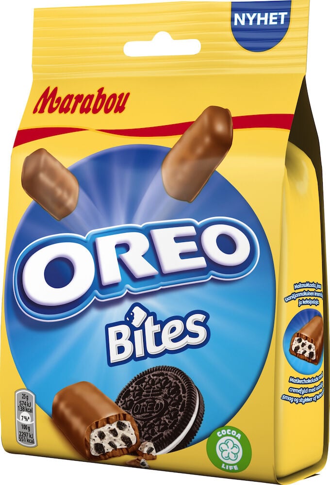 Gelbe Tüte mit Marabou Oreo Schokoladenstückchen.