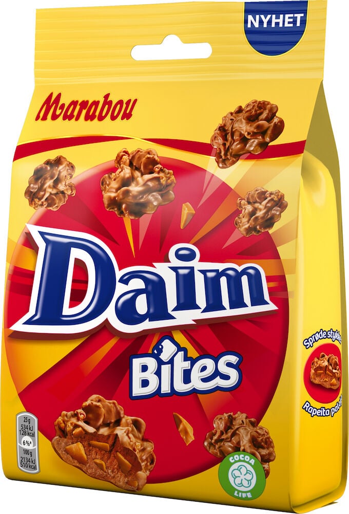 Gelbe Tüte mit Daim-Schokoladenstücken von Marabou.