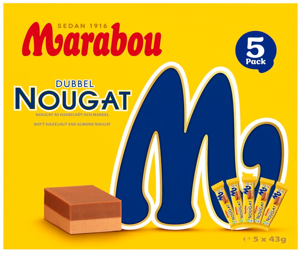 Gul förpackning med fem Marabou Dubbelnougat chokladbitar.