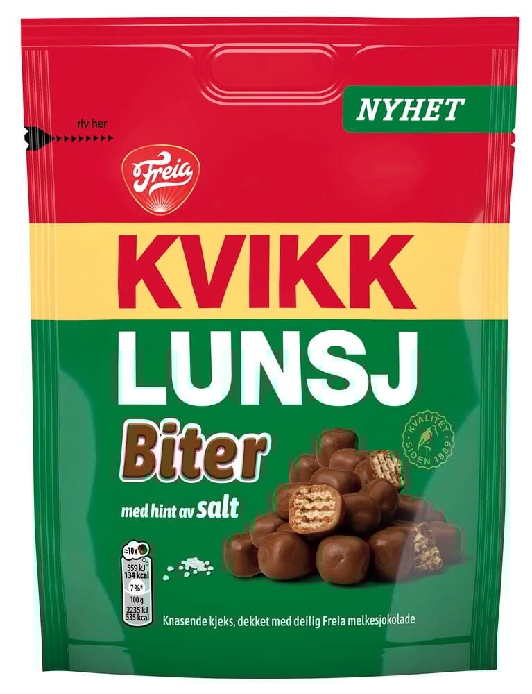 Sjokolade Freia Kvikk Lunsj 130 g Biter i rød og grønn pose, med sjokoladevafler.