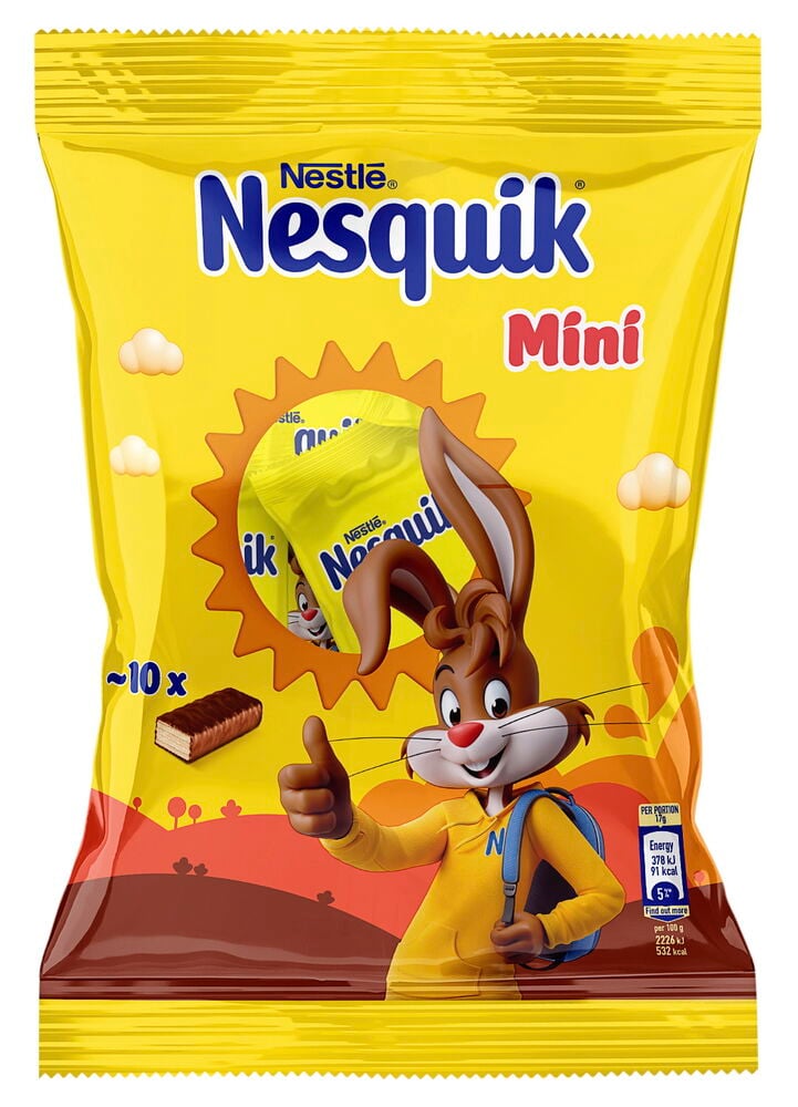Gul påse med Nesquik mini chokladbitar och kanin.