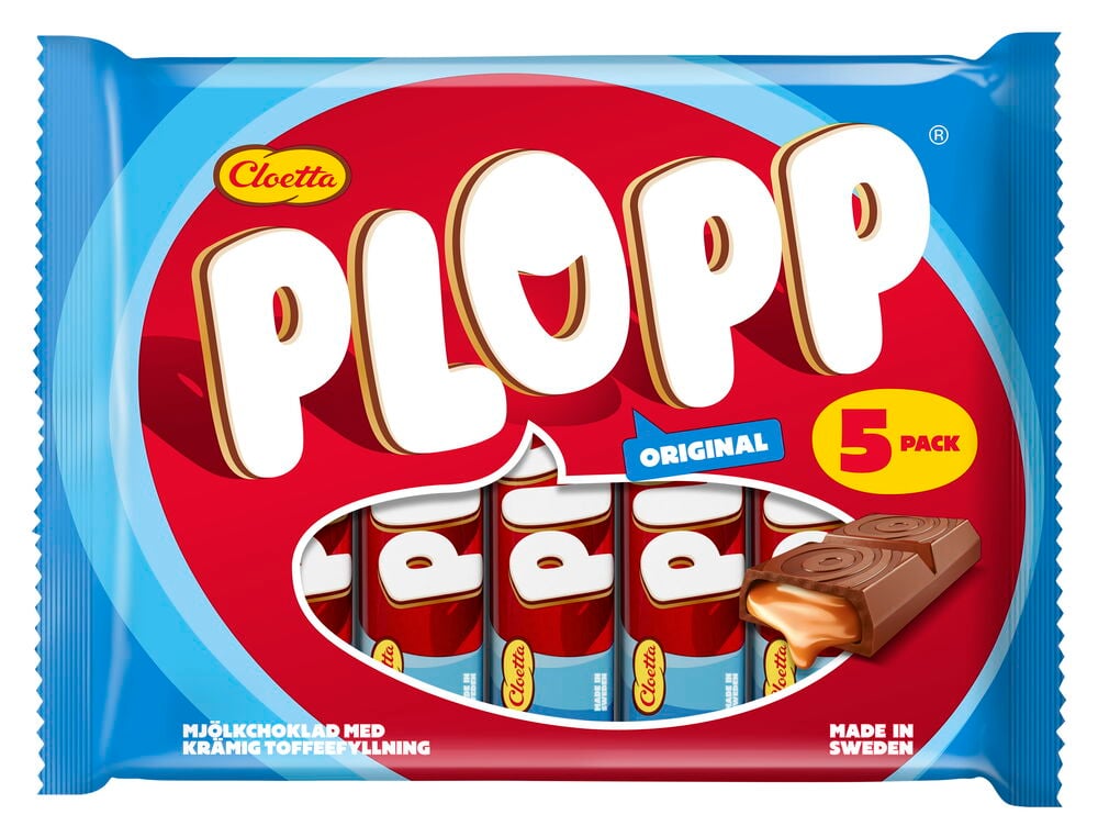 En blå og rød 5-pakning Plopp sjokoladeplater, viser en brutt plate med kremet toffeefylling.