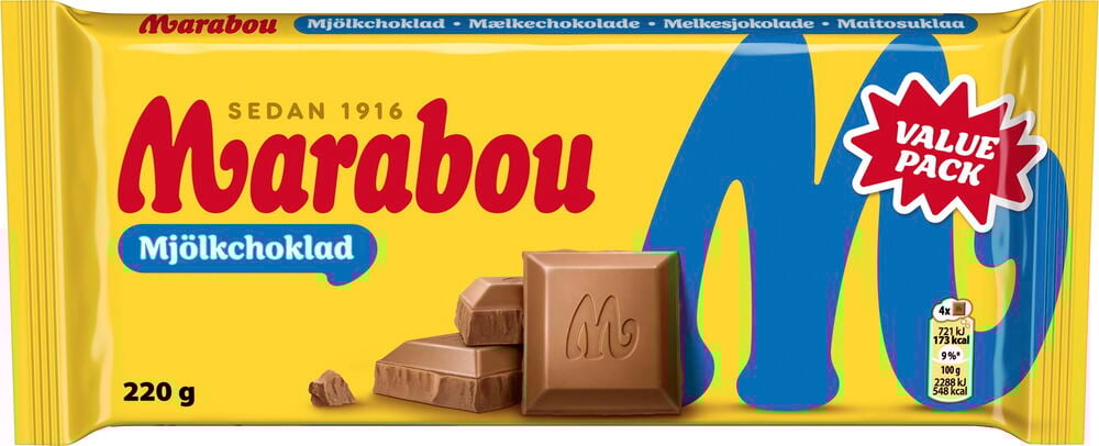 Sjokoladeplate Marabou Value Pack 220 g Melkesjokolade, gul emballasje, blå M-logo, sjokoladebiter.