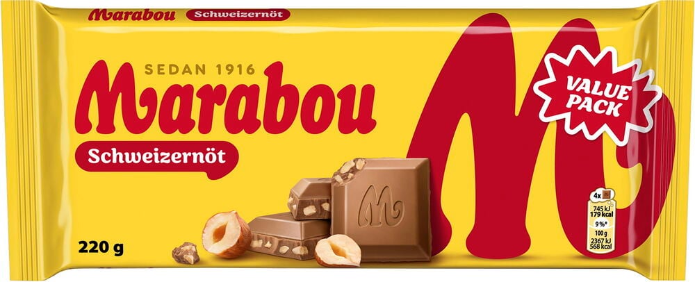 Sjokoladeplate Marabou Value Pack 220 g Schweizernöt med gul emballasje som viser sjokoladebiter og hasselnøtter.