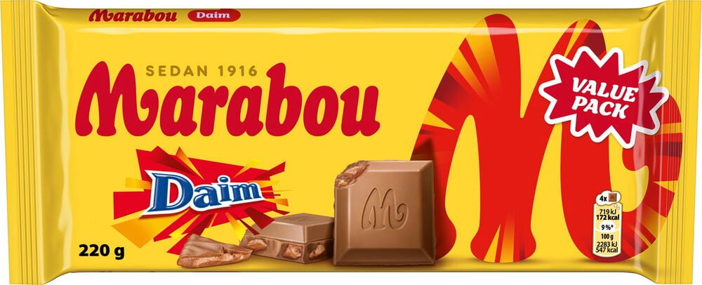 En gul Marabou Value Pack 220g Daim sjokoladeplate med sjokoladebiter og Daimbiter.