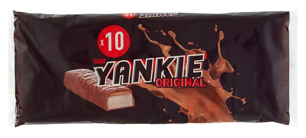 Choklad Toms Yankie 10x40 g i mörkbrun förpackning med en synlig chokladbit och chokladstänk.