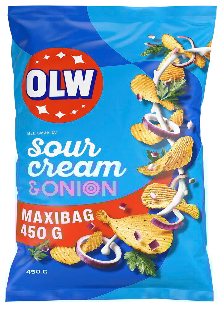 Blaue OLW Sour Cream & Onion Chips 450g-Tüte, zeigt gewellte Chips, rote Zwiebelringe und weiße Sauce.