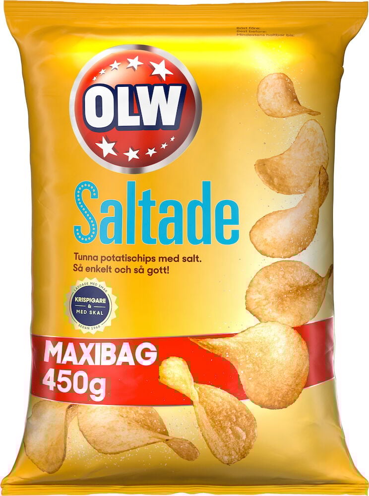 Gul påse OLW saltade potatischips maxibag 450 gram.