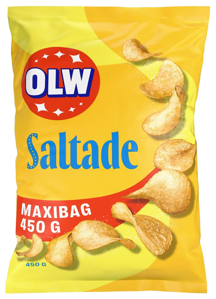 Gul chipspåse med OLW logotyp och saltade chips.