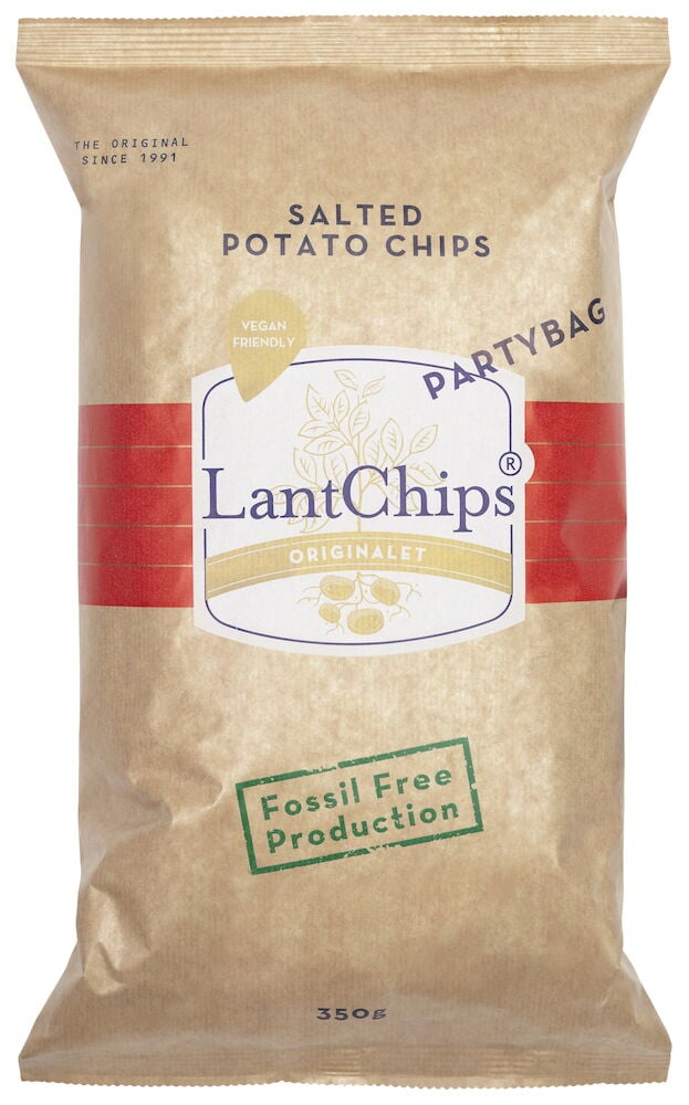 Brun påse lantchips salted med röd dekor.