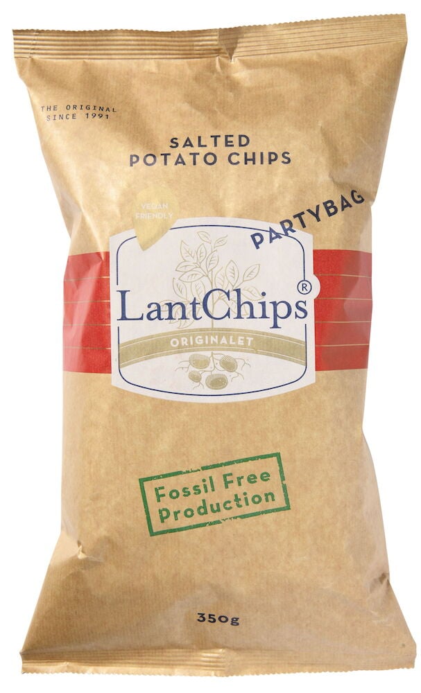 Brun påse Lantchips salted 350g med etikett.
