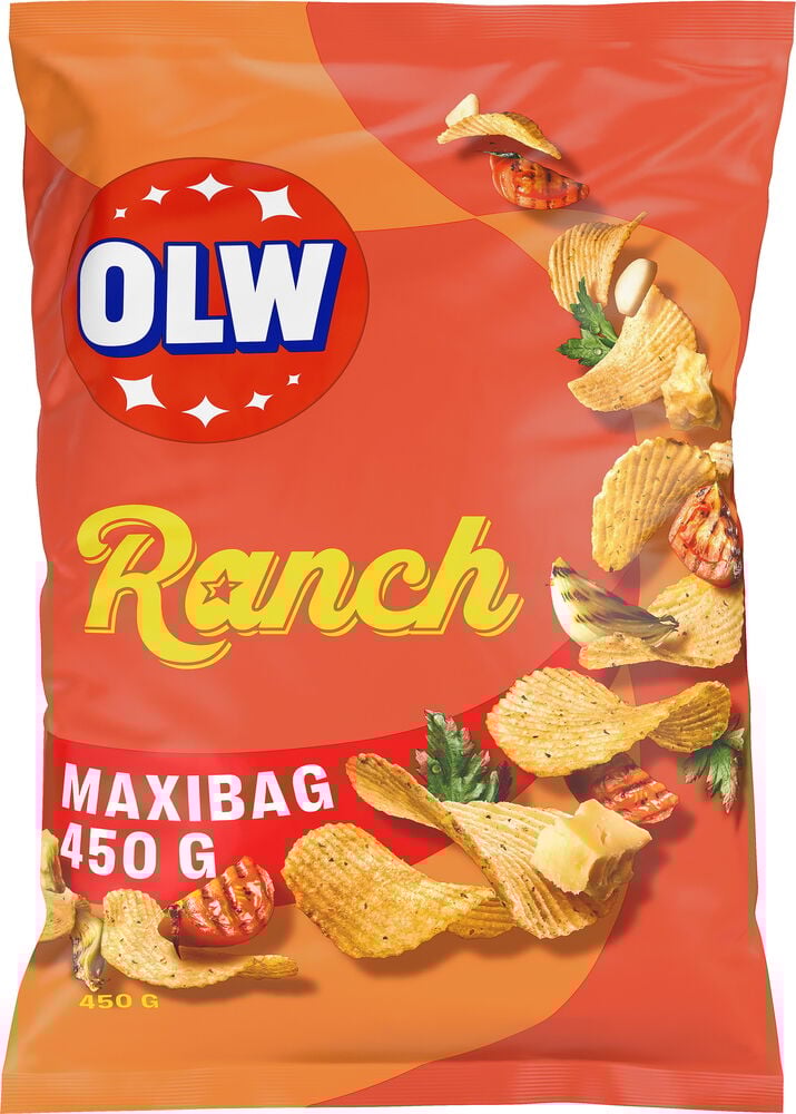 Stor röd chipspåse med ranchsmak från OLW.