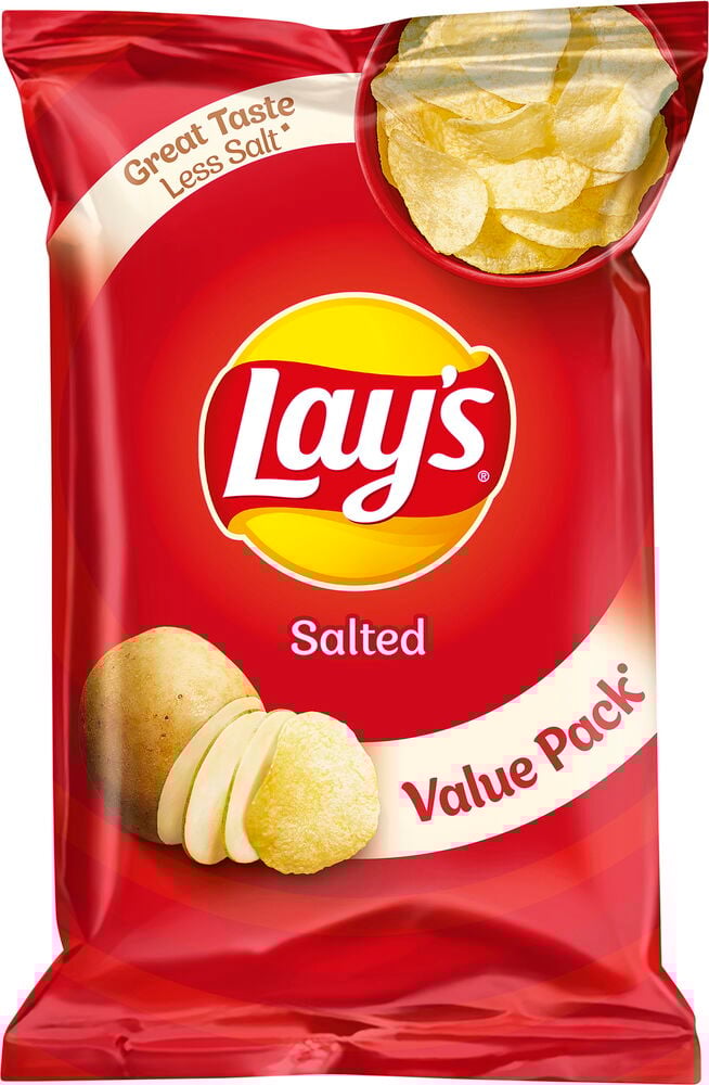 Punainen pussi Lay's suolatut perunalastut edessä.