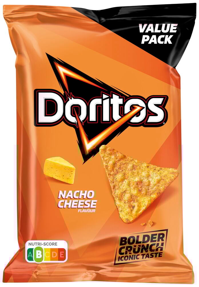 Orange påse Doritos Nacho Cheese chips värdepaket.