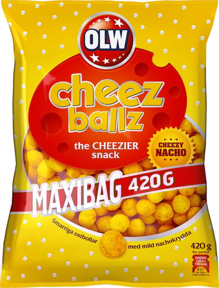 Gul påse med ostbollar och röd OLW logotyp.