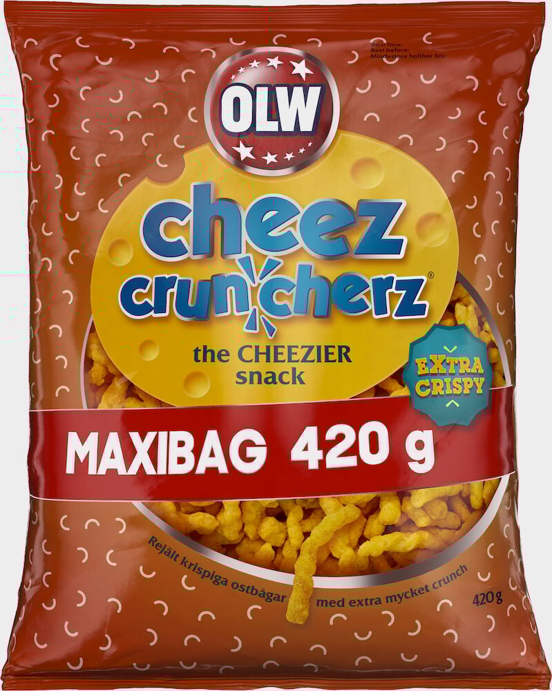Stor påse OLW Cheez Cruncherz ostsnacks 420 gram.