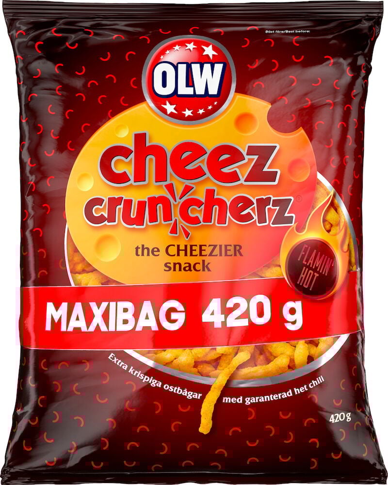 OLW Cheez Cruncherz snacks 420g förpackning.