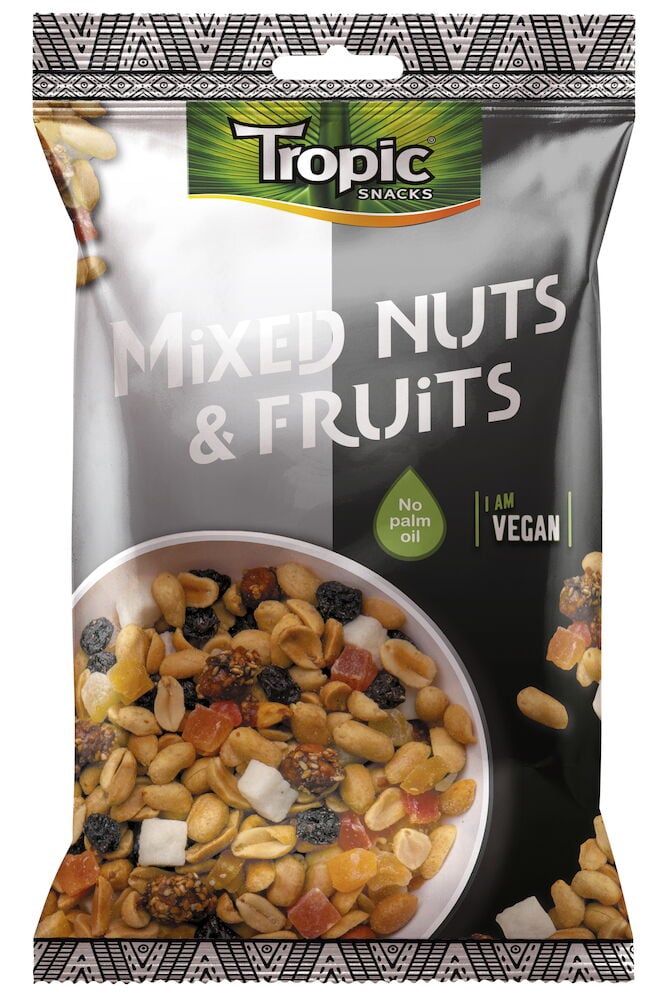 Påse med blandade nötter och torkade frukter.