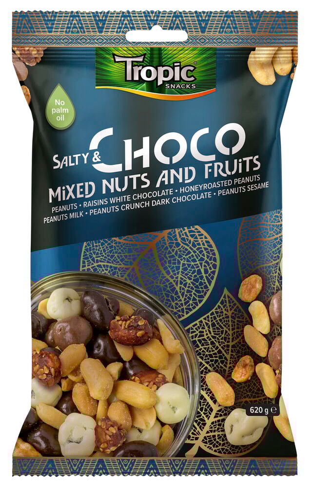 Påse med blandade nötter och chokladöverdrag.