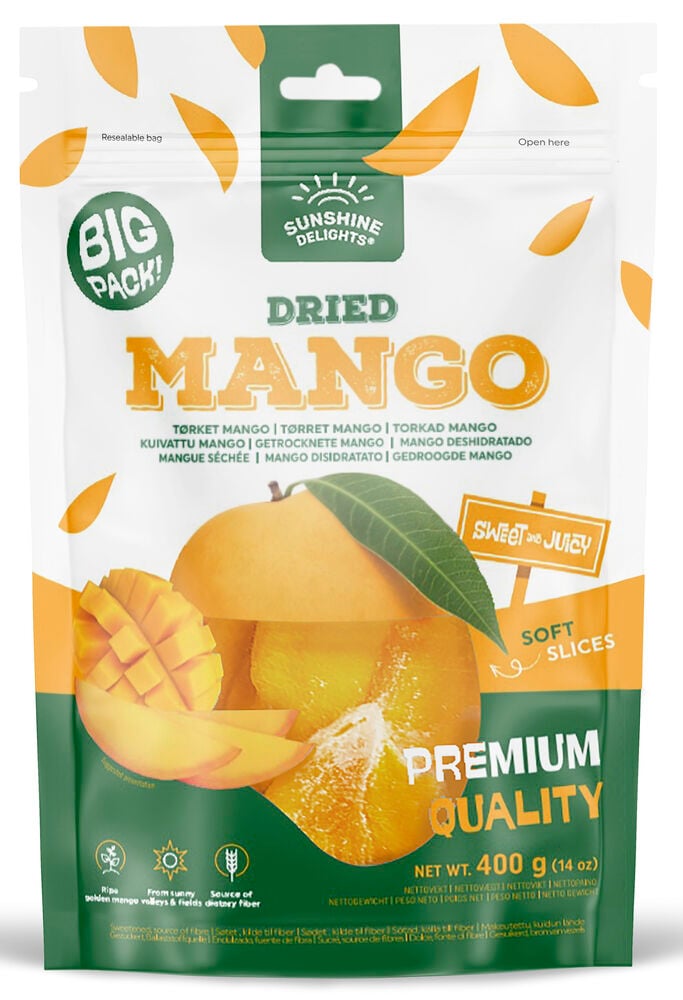 Förpackning med torkade mangoskivor Sunshine Delights 400 gram.