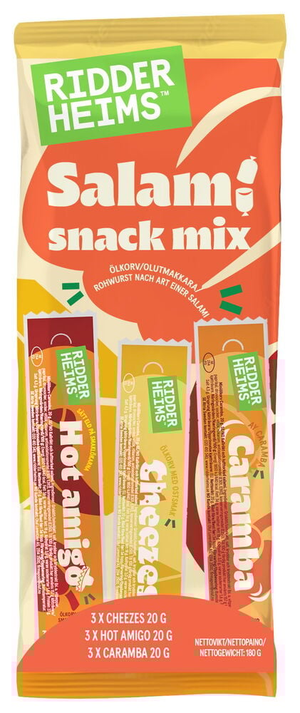 Förpackning med Ridderheims salami snacks mix.