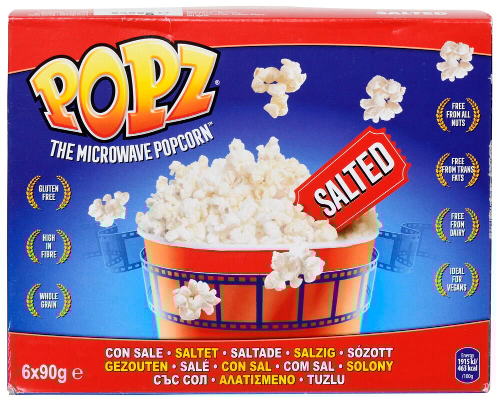 En kartong micro popcorn Popz saltade 6x90 g.