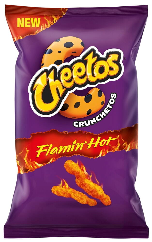 Lila sipsipussi Cheetos Flamin Hot tulisilla yksityiskohdilla.