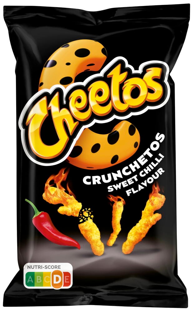 Musta pussi, jossa on Cheetos-juustonaksuja ja chilipippuria.