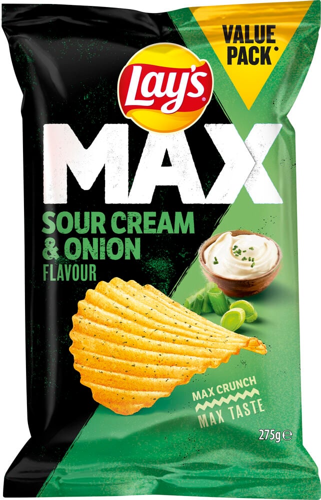 Vihreä Lay's Max sourcream onion -sipsipussi.