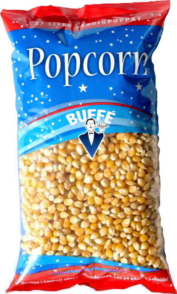 Stor påse med popcornkärnor och blå etikett.