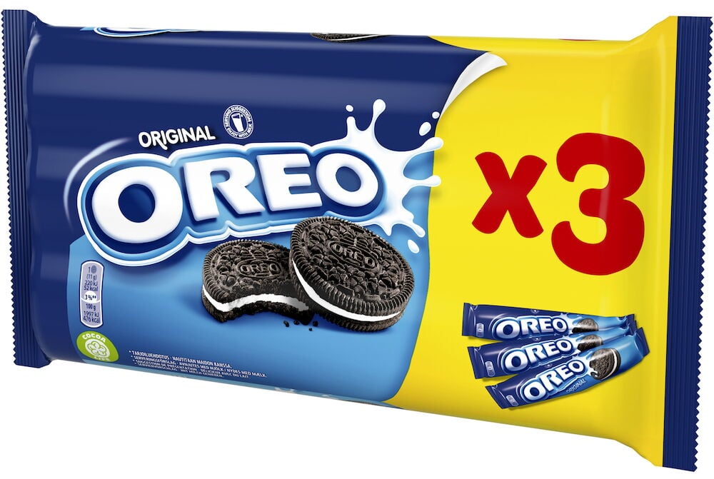 Trepack oreo original kakor i färgglad förpackning.