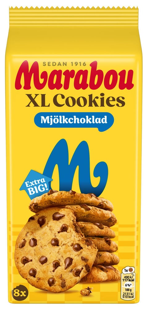 Gelbe Packung Marabou 184g XL Vollmilchschokolade Kekse mit goldbraunen Schokokeksen.