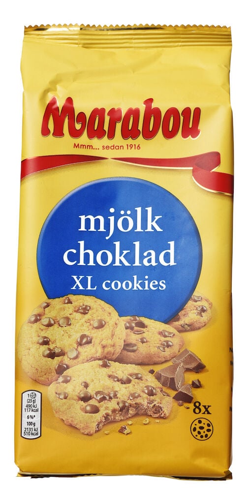 Gelbe Verpackung mit Marabou Milchschokoladenkeksen XL Cookies.